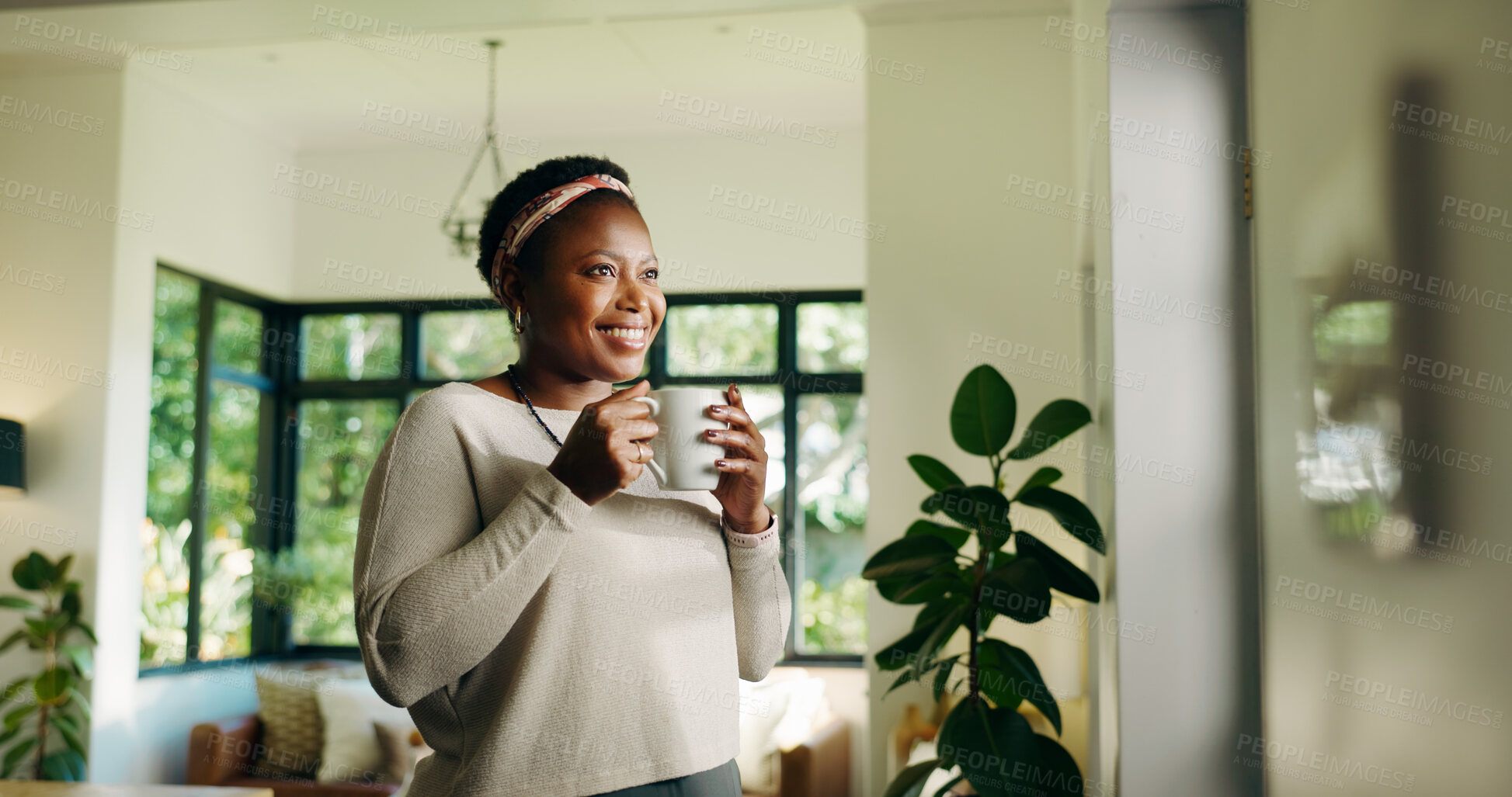 Buy stock photo Thinking, coffee and happy black woman in home for relax, peace or calm with mindset on weekend. Tea, thoughts and African person at house for vision, daydream or reflection of decision in lounge