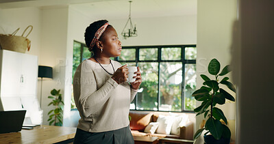 Buy stock photo Thinking, coffee and black woman in home for relax, peace or calm with serious mindset on weekend. Tea, thoughts and African person at house for vision, daydream or reflection of decision in lounge