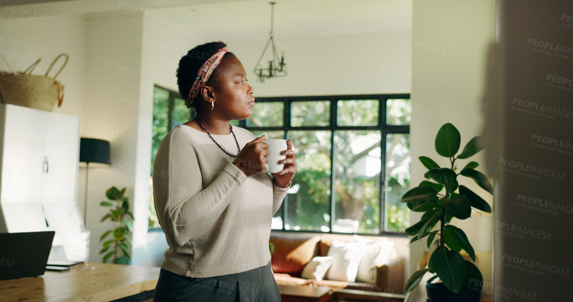 Buy stock photo Thinking, coffee and black woman in home for relax, peace or calm with serious mindset on weekend. Tea, thoughts and African person at house for vision, daydream or reflection of decision in lounge