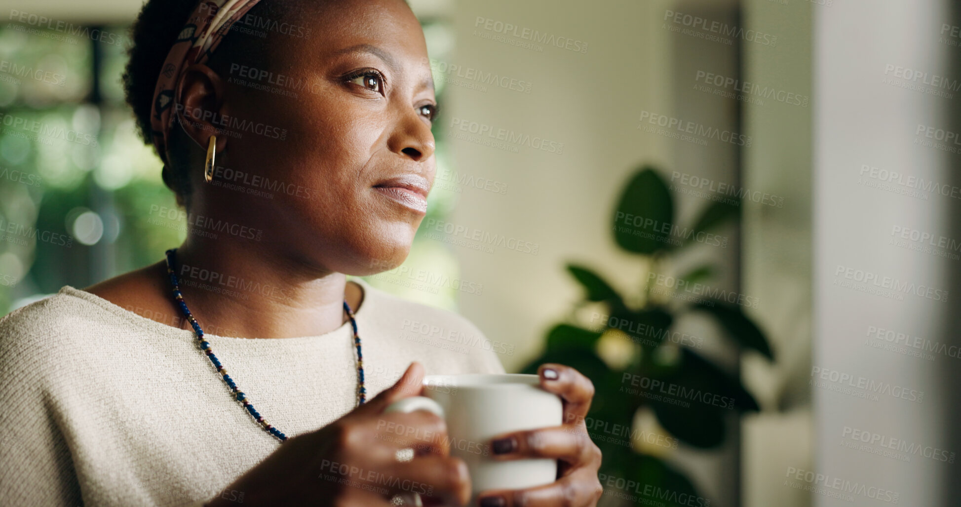 Buy stock photo Thinking, tea and black woman in home for relax, peace or calm with serious mindset on weekend. Coffee mug, thoughts and female person at house for vision, wonder or reflection of decision in lounge