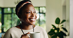 Happy, black woman and thinking with coffee for morning, beverage or ambition at home. Female person, smile or caffeine with cup or mug in joy for warm drink, day dreaming or weekend comfort at house