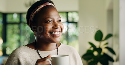 Buy stock photo Happy, black woman and thinking with coffee for morning, beverage or ambition at home. Female person, smile or caffeine with cup or mug in joy for warm drink, day dreaming or weekend comfort at house