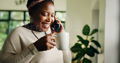 Buy stock photo African woman, phone call and laugh in home with coffee, conversation and listen in living room. Person, happy and smartphone with drink for chat, joke and tea cup with funny discussion at apartment