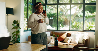 Buy stock photo Black woman, phone call and talk in home with coffee, conversation and listen in living room. African person, smile and smartphone with chat, drink and tea cup with discussion in morning at apartment