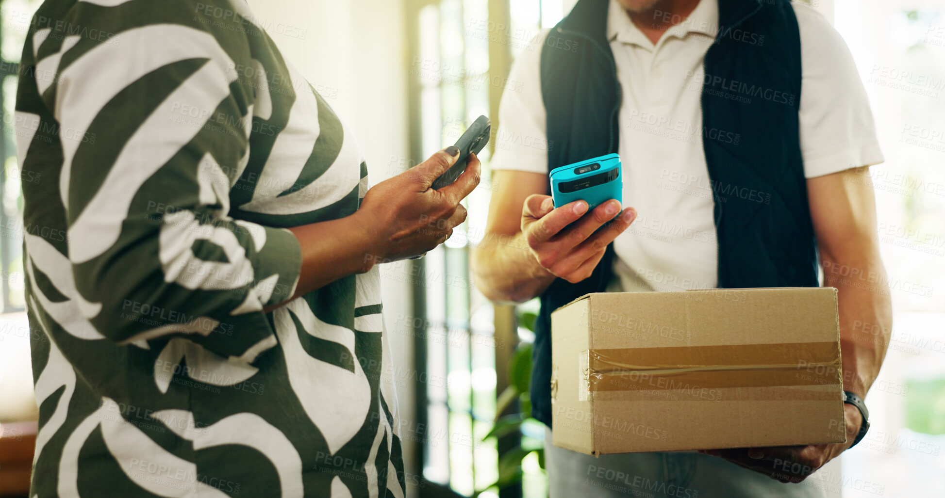 Buy stock photo Hands, courier and phone with pos at front door, home and machine for payment, deal and online order. People, delivery man and customer with box, info and ecommerce services with fintech at apartment