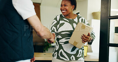 Buy stock photo Happy woman, customer and handshake with box for delivery package or door parcel at home. Female person, smile and shaking hands with courier guy for online order, purchase or shipment at house