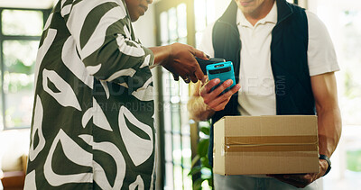 Buy stock photo Hands, courier and phone with payment for package, machine or deal at front door for online order. People, delivery man and customer with box, pos and ecommerce service with fintech app at apartment