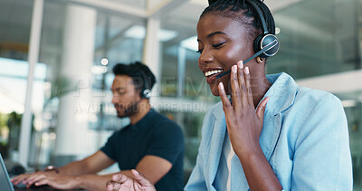 Buy stock photo Call center, chat or black woman with headset for communication, consulting or loan advice. Virtual assistant, financial advisor or coworking with mic for feedback, online inquiry or credit limit