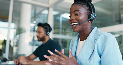 Buy stock photo Call center, explain or black woman with smile for communication, consulting or loan advice. Customer service, financial advisor or coworking with agent for feedback, online inquiry or credit limit
