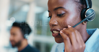 Buy stock photo Call center, mic or woman consultant with headset for communication, consulting or loan advice. Virtual assistant, financial advisor or coworking in chat for feedback, online inquiry or credit limit