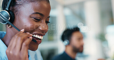 Buy stock photo Call center, happy or woman with headset for chat, consulting or loan advice in office. Virtual assistant, financial advisor or coworking with agent for feedback, online inquiry or credit limit