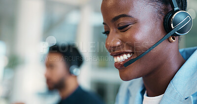 Buy stock photo Call center, office or happy black woman with headset for communication, consulting or loan advice. Virtual assistant, financial advisor or coworking with smile for feedback, inquiry or credit limit