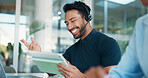 Finance, tablet or happy man in call center for chat, online help or business loan advice. Financial consultant, coworking or inbound agent in agency for insurance service, support or communication