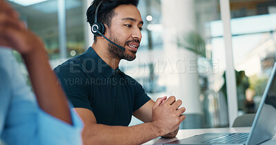 Buy stock photo Financial consultant, laptop or man in call center for chat, online help or business loan advice. FAQ, coworking or inbound finance agent in office for insurance service, answer and communication