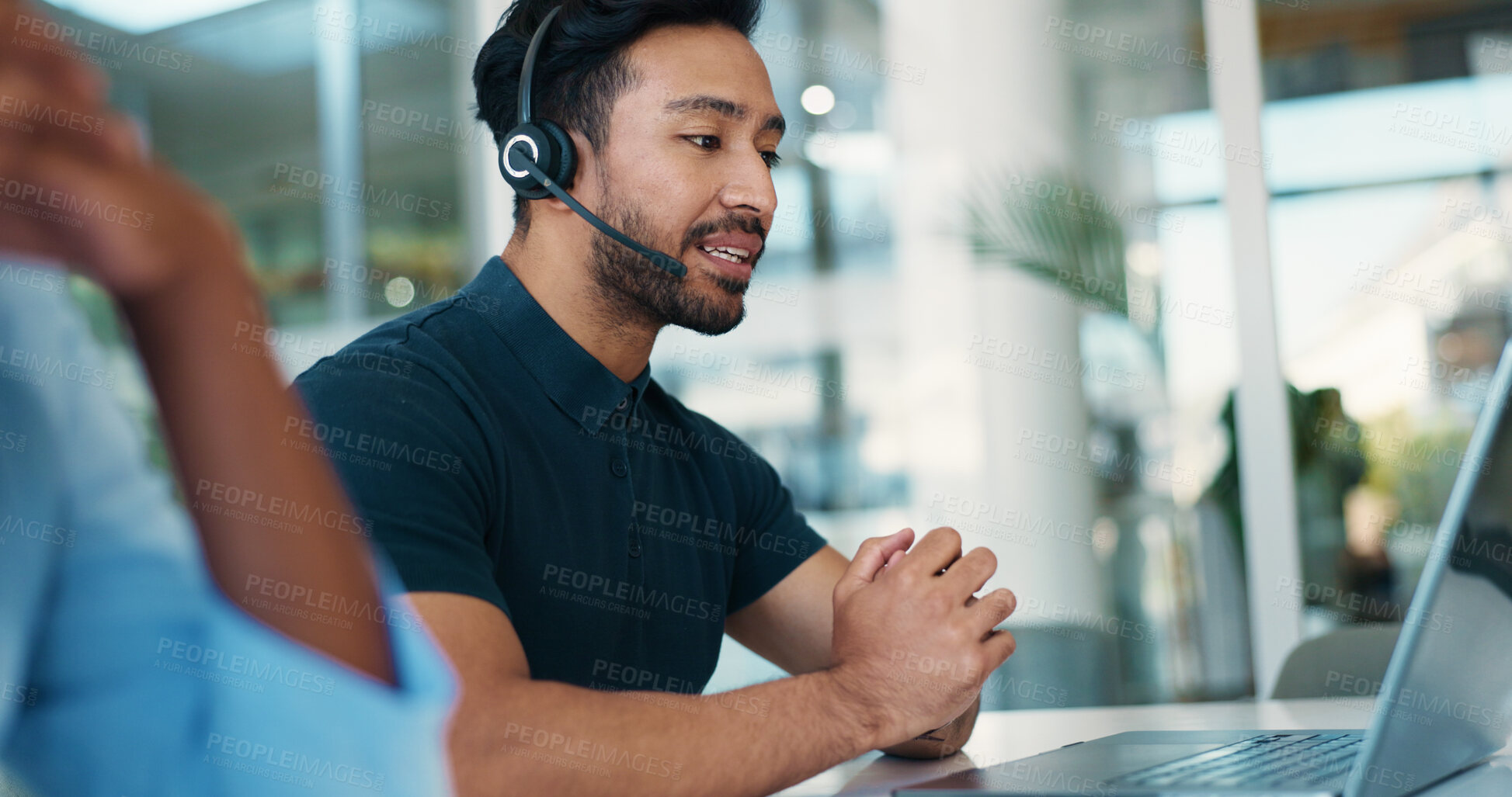 Buy stock photo Financial consultant, laptop or man in call center for chat, online help or business loan advice. FAQ, coworking or inbound finance agent in office for insurance service, answer and communication