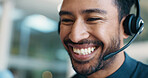 Financial consultant, headset or happy man in call center for talk, online help or business loan advice. FAQ, smile and friendly inbound finance agent for insurance service, chat or communication