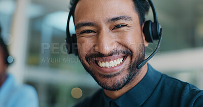Buy stock photo Man, headset and portrait with smile at call center with pride, career and customer support in office. Person, agent and consultant with microphone, headphones and happy at help desk for contact us
