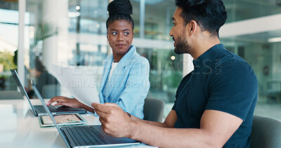 Buy stock photo Office, colleagues and people with document, talking and account manager with financial performance. Collaboration, man and woman with paperwork for sales, discussion and review of report or laptop