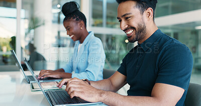 Buy stock photo Coworking, laptop and typing with businessman in office for report, research or planning. Technology, idea and smile with employee in workplace for productivity, information and schedule or feedback