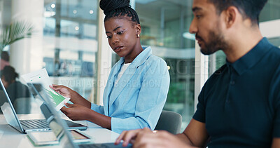 Buy stock photo Office, colleagues and people with data, document or graphs for financial performance, read or tech. Collaboration, man and woman with paperwork for sales, account manager and discussion with laptop