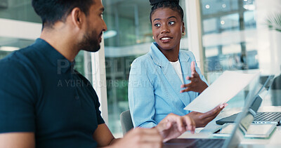 Buy stock photo Coworking, laptop and discussion with business people in office for report, research or planning. Tech, idea and document with collaboration in workplace for productivity, information and feedback
