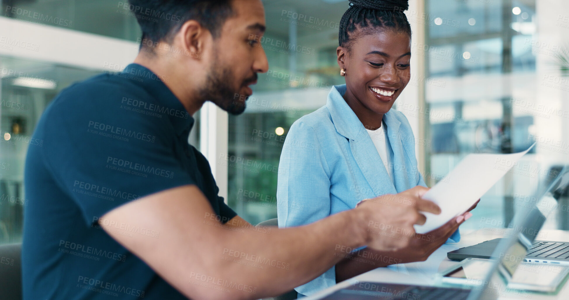 Buy stock photo Office, man and woman with document, review and plan for proposal with info, collaboration and tech. Happy, account manager and reading paperwork for financial report, teamwork and people with laptop