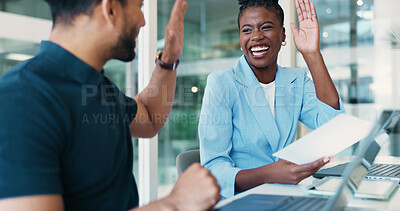 Buy stock photo Man, woman and high five with documents at office, smile and excited for profit, results and goals. People, team and cheers with celebration, computer and paperwork with success at finance agency