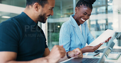 Buy stock photo Business, laptop and man with woman, office and teamwork with smile, meeting and website design. People, employees and paperwork with pc, collaboration and documents for schedule and conversation