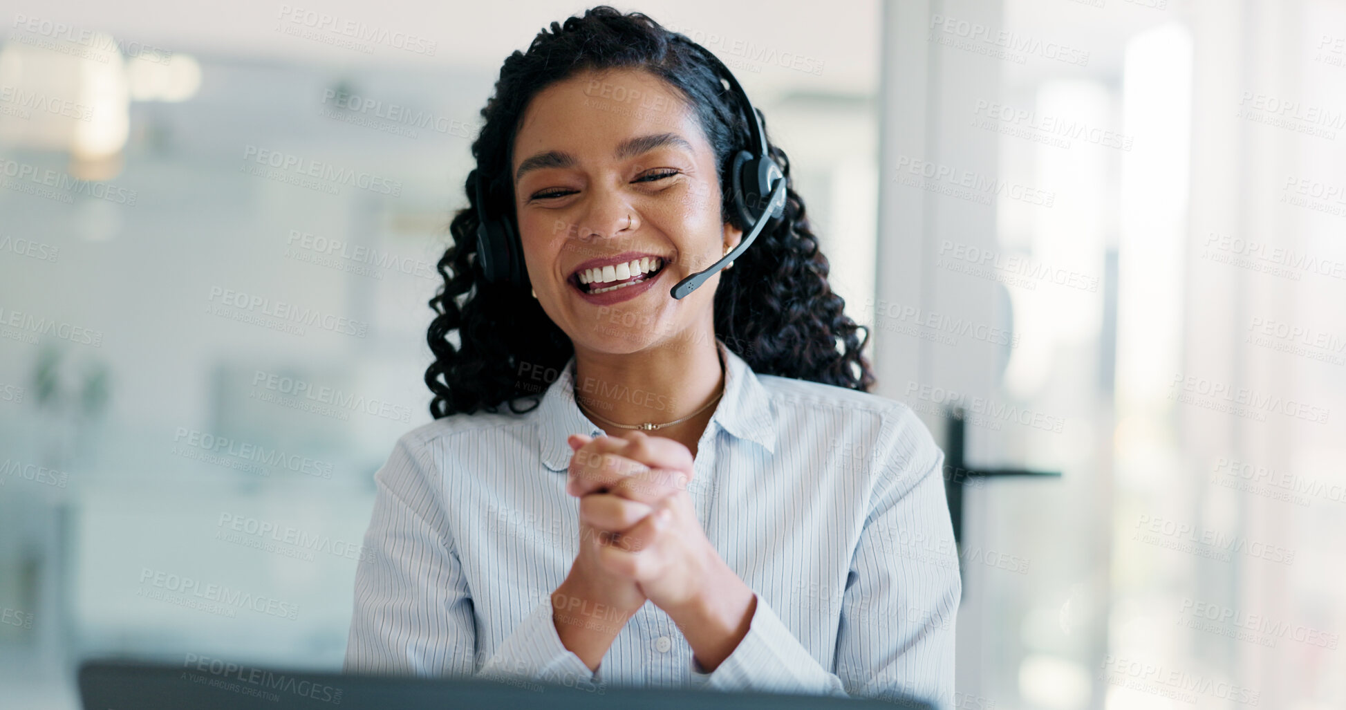 Buy stock photo Customer service, laugh and woman on laptop in office for consulting, help and contact us. Professional, computer and person with headset for virtual assistance, online communication or CRM support