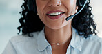 Mouth, headset and talk with smile at call center with advice, career and customer support in office. Person, agent and consultant with microphone, discussion and happy for contact us at help desk