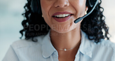 Buy stock photo Mouth, headset and talk with smile at call center with advice, career and customer support in office. Person, agent and consultant with microphone, discussion and happy for contact us at help desk