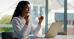Customer support, talking and woman on laptop in office for consulting, help and contact us. Professional, computer and person with headset for virtual assistance, online communication or crm service