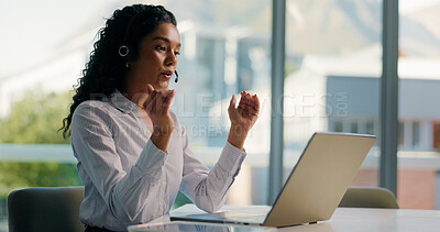 Buy stock photo Customer support, talking and woman on laptop in office for consulting, help and contact us. Professional, computer and person with headset for virtual assistance, online communication or crm service