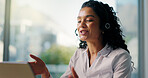Customer service, talking and woman on laptop with headset for consulting, help and contact us. Professional, computer and person for virtual assistance, online communication or crm support in office