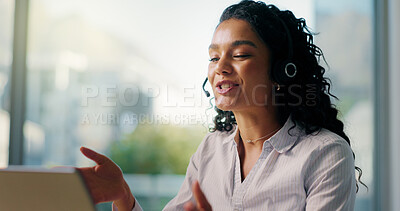 Buy stock photo Customer service, talking and woman on laptop with headset for consulting, help and contact us. Professional, computer and person for virtual assistance, online communication or crm support in office