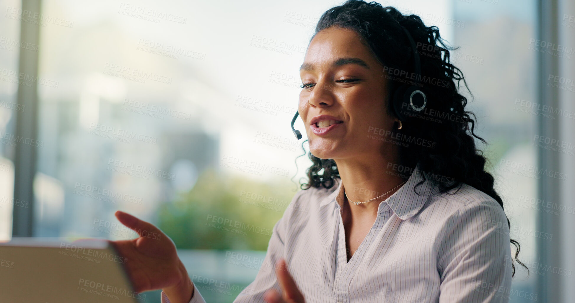 Buy stock photo Customer service, talking and woman on laptop with headset for consulting, help and contact us. Professional, computer and person for virtual assistance, online communication or crm support in office