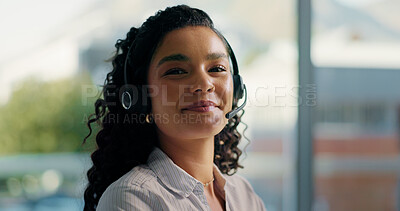 Buy stock photo Customer service, call center and portrait of woman in office for consulting, online help and contact. Corporate, professional and happy person with headset for feedback, crm support and assistance