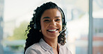 Happy, call center and portrait of woman in office talking for consulting, online help and contact. Corporate, customer service and person with headset for feedback, crm support and assistance