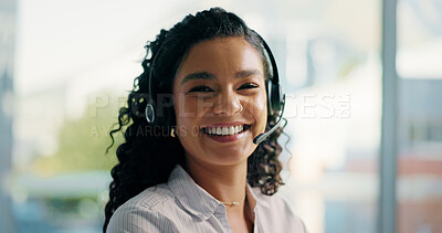 Buy stock photo Happy, call center and portrait of woman in office talking for consulting, online help and contact. Corporate, customer service and person with headset for feedback, crm support and assistance
