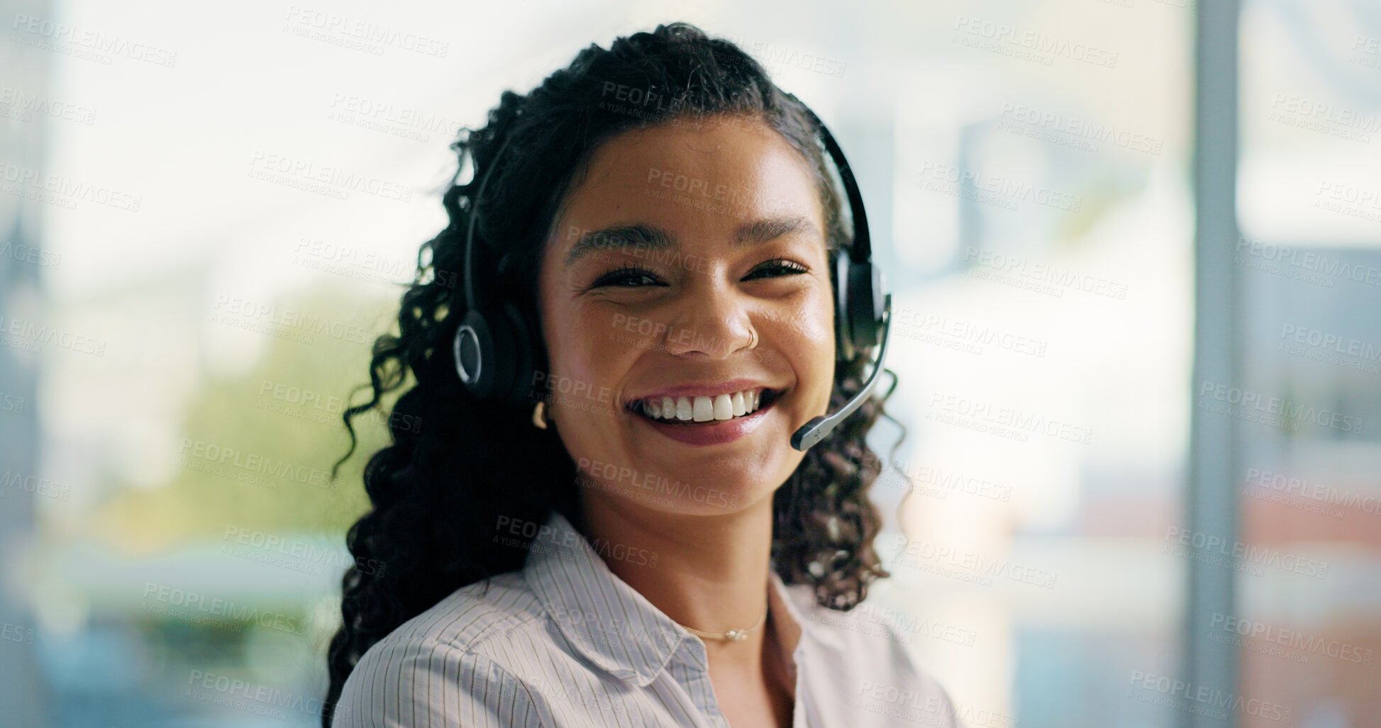 Buy stock photo Happy, call center and portrait of woman in office talking for consulting, online help and contact. Corporate, customer service and person with headset for feedback, crm support and assistance