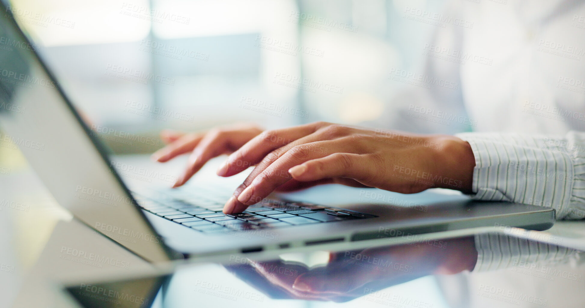 Buy stock photo Hands, typing and laptop at office for review, proposal and report for finance at corporate agency. Person, computer and click at job for revenue, audit and project management at insurance company
