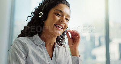 Buy stock photo Customer service, talking and happy woman in office for consulting, help and contact us. Professional, networking and person with headset for virtual assistance, online communication or crm support