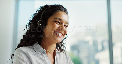 Buy stock photo Woman, headset and talk with smile at call center with advice, career and customer support in office. Person, agent and consultant with microphone, discussion and happy for contact us at help desk