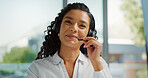 Customer service, call center and happy woman in office talking for consulting, online help and contact. Corporate, professional and person with headset for feedback, crm support and assistance