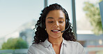 Customer service, call center and woman in office with headset for consulting, online help and contact. Corporate, professional and face of person talking for feedback, crm support and assistance