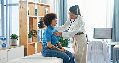 Buy stock photo Hospital, listen and doctor with stethoscope for patient for diagnosis, consulting and breathe. Healthcare, clinic and chest of person with tools for cardiology, pulmonary service and medical exam