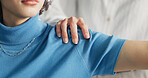 People, patient or stretching arm with physiotherapist for flexibility or physical activity. Hands, medical worker or chiropractor with client shoulder for muscle recovery or examination at clinic