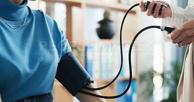 Buy stock photo Blood pressure, pump and doctor with person in clinic for medical exam, checkup and consulting. Healthcare, hospital and patient with equipment to monitor for heart rate, wellness and hypertension