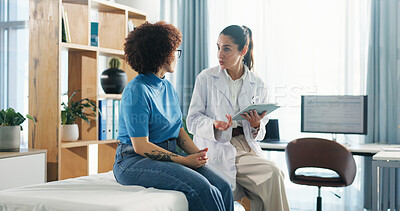 Buy stock photo Tablet, consultation and woman with doctor in hospital for healthcare records with treatment plan. Digital technology, checkup and medical worker with patient for research on diagnosis in clinic.