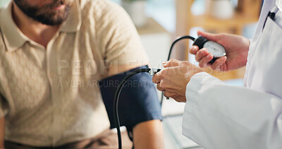 Buy stock photo Blood pressure, hands and doctor with person in clinic for medical exam, checkup and consulting. Healthcare, hospital and patient with equipment to monitor for heart rate, wellness and hypertension
